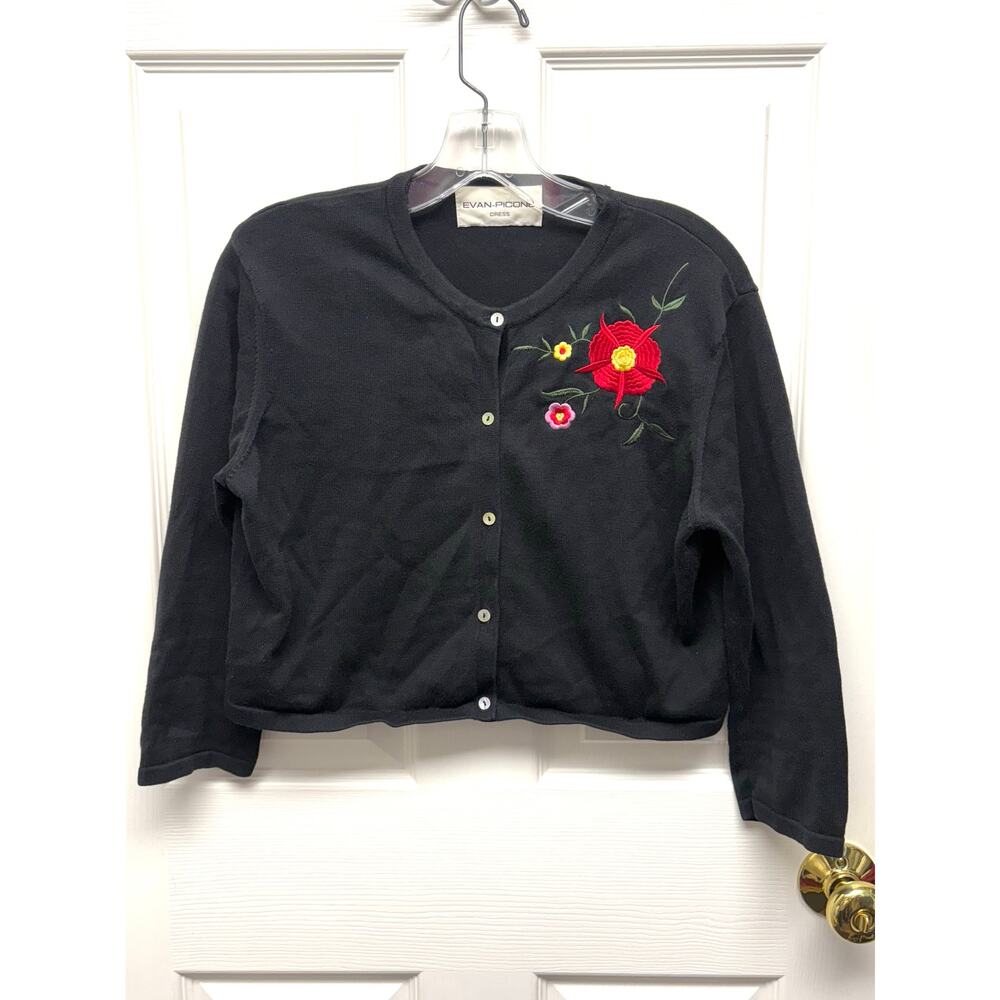 Evan-Picone Cardigan Black Cotton Cropped 3/4 Sleeve Shell Buttons Size S